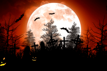 A full moon with bats and trees in the background